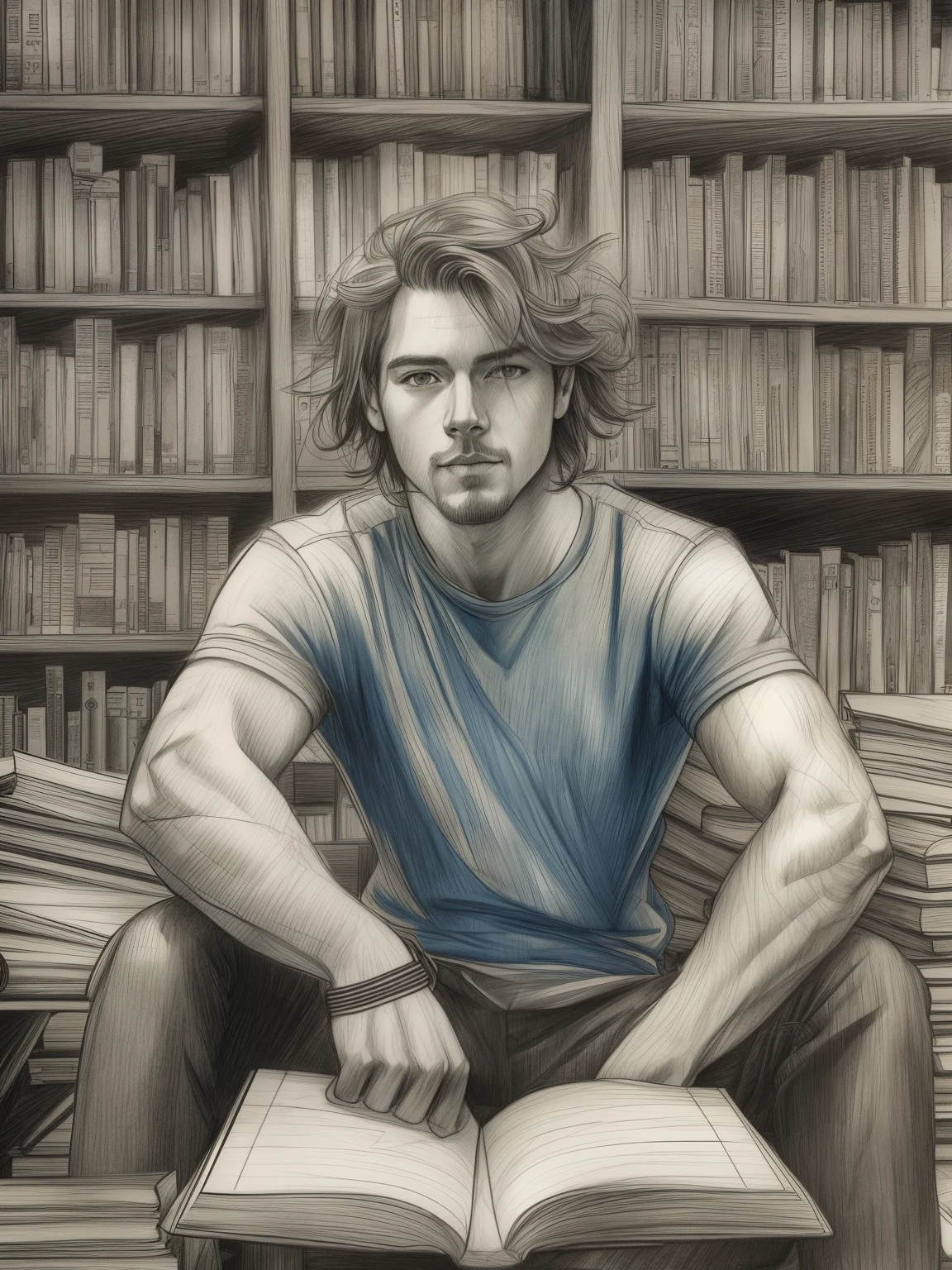 Drawing Inside an Enchanted Library, Very Handsome Man, with wavy hair, Full Body, tanned, Blue Eyes, Eyes dancing, Dressed in a RED Tee and Jeans, FULL Body, Inside Enchanted Magical Library,  Look at a book, Its shelves are adorned with Gold, Black, Brown, Blue, books, realistic sketch, hyper realistic sketch, detailed pencil sketch, pencil sketch, realistic digital drawing, detailed sketch drawing, highly detailed portrait, detailed 4 k drawing, pencil draw, highly detailed sketch, realistic drawing, extremely detailed portrait, detailed but rough, pencil drawing illustration, realism drawing, detailed sketch, sketch art,((high quality, masterpiece:1.4)), 1man, ((Full Body)), portrait sketch, messy drawing, messy charcoal spots, unfinished sketch, sketchbook charcoal style drawing of a man, sketchbook drawing, sketchbook, symmetrical face, symmetrical eyes, realistic charcoal lines, imperfect drawing, charcoal crumbs, charcoal lines, imperfections, blue eyed, man wearing a Red Tee and Jeans, realistic, looking at a book