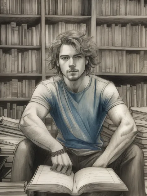 drawing inside an enchanted library, very handsome man, with wavy hair, full body, tanned, blue eyes, eyes dancing, dressed in a...