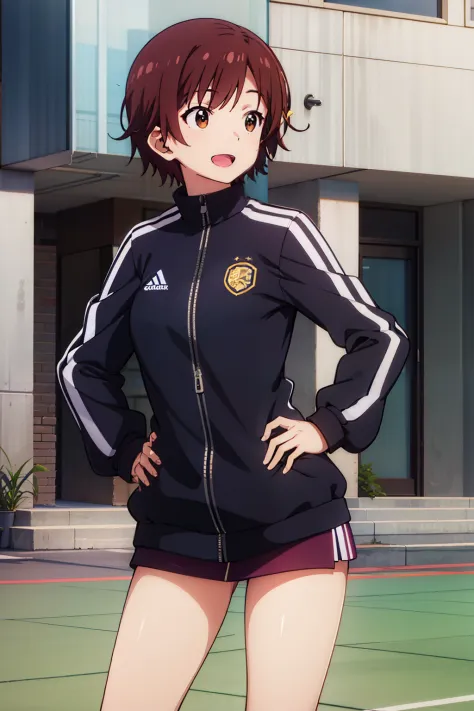 (best quality), absurdres, highres, extremely detailed CG, ayaka_tachibana_imocho, short_hair, brown_hair, brown_eyes, one_side_up, large breasts, track_jacket, standing, hands on hip, laughing, schoolyard background