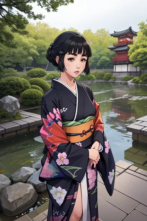 1 girl, alone,
myoukou \(kancolle\),
outside, japanese style gardens, shiromuku, bold kimono, seiza, serious, standing