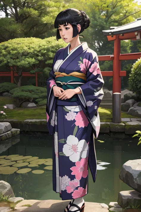 1 girl, alone,
myoukou \(kancolle\),
outside, japanese style gardens, shiromuku, bold kimono, seiza, serious, standing