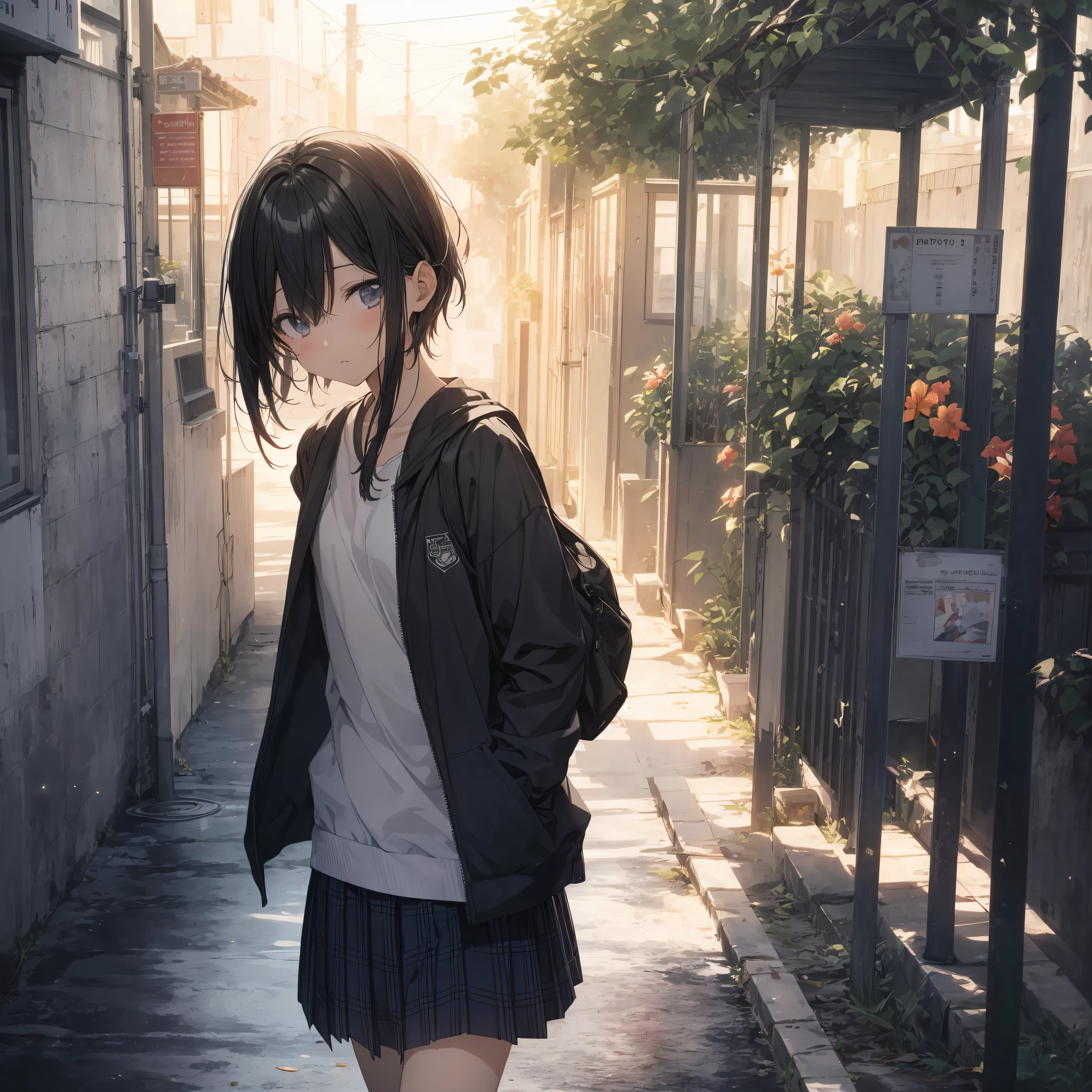 best god quality, Ultra-detailed, anime moe art style,Best Anime 8K Konachan Wallpapers,Pixiv Contest Winner,Perfect Anatomy, (Draw a girl sleepily walking to school. ),BREAK, 1girl is a cool beautiful girl, (Solo,Lori,child,13years:1.3),a junior high school student, Androgynous attraction, (Very short hair), hair messy,Forehead, Full limbs, complete fingers,flat chest, Small butt, groin, Small eyes,Beautiful detailed black eyes,Well-proportioned iris and pupils,disgusted eye, School uniform, Skirt,On the way to school. BREAK,High resolution,super detailed skin, Best lighting by professional AI, Illustration,