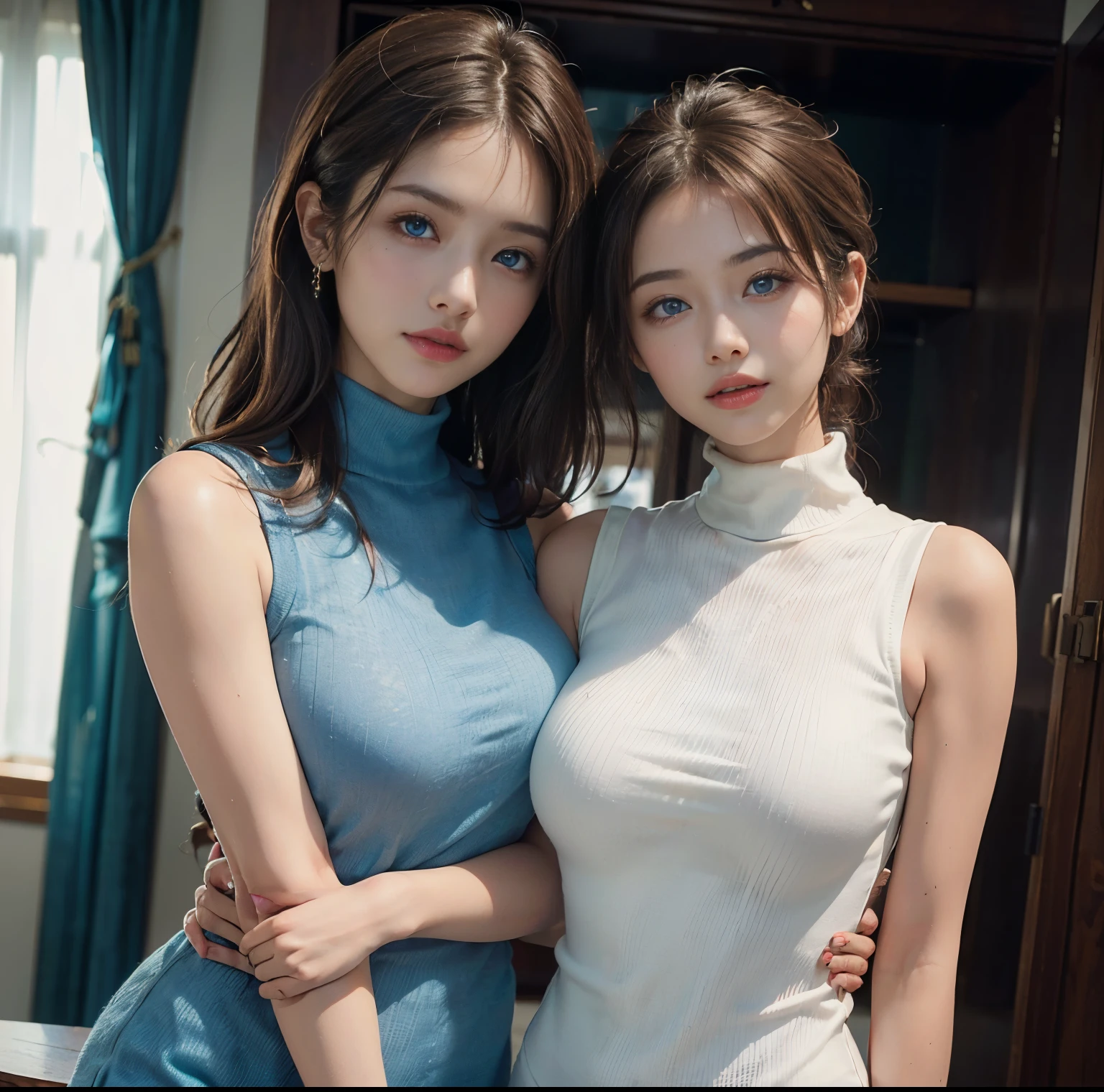 top-quality, 8K picture quality, ​masterpiece, (Professional lighting without shadows), (Two women in love), (Perfect body and firm big breasts:1.3), Bright whitening skin, (Bright and beautiful blue eyes with plump red tear bags reflect a lot of light.:1.2)、 (She is wearing a sleeveless turtleneck micro mini dress in pale color), (No skin is exposed on the upper body except for the arms.:1.4), (Turn to me and show off your firm breasts through your clothes.:1.2),　(From the knee up:1.3), (Standing like a model),