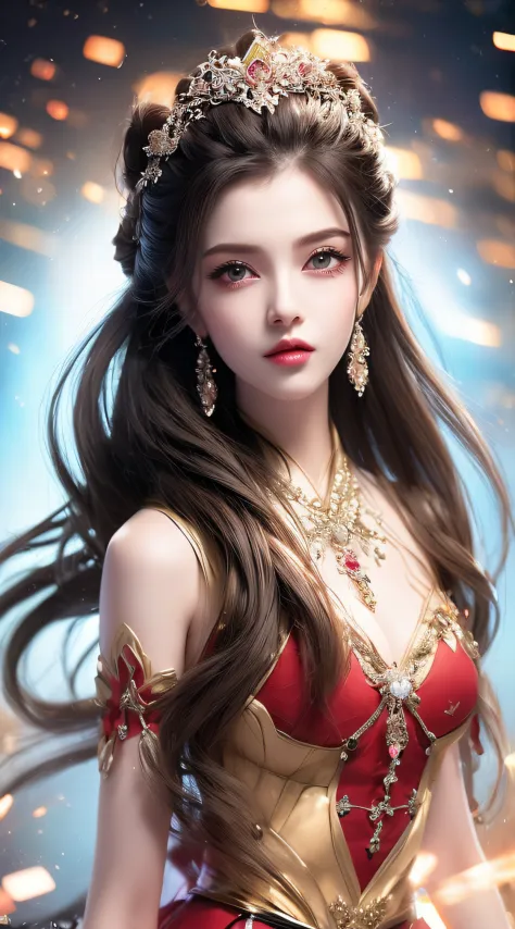 8k ultra high definition, Brother's, one-girl, Good face, Detailed pubic hair, eyed, beautifullips, Hair  very red, unfold your hair, middling, wedding gown, Red dress, In Park, birds in flight, Windy, Beautiful weather, sitted, Full body capture,
