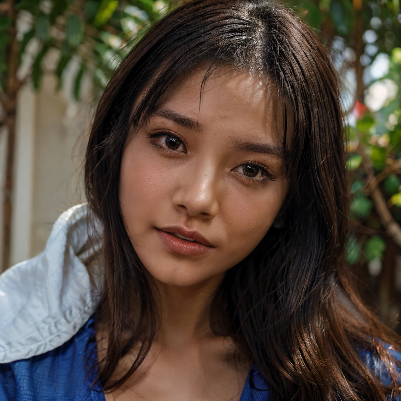 A close up of a woman with long hair and a blue shirt - SeaArt AI