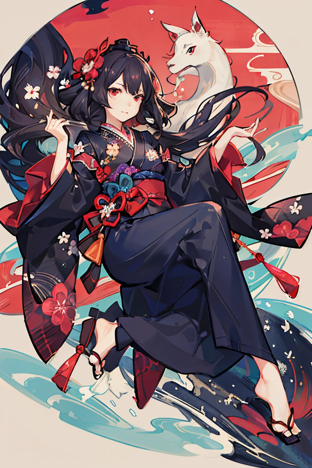 {{{Ukiyo-e_style}}},{{flat_style}},{simple_colors},{{{masterpiece}}},{katsushika_hokusai},long_hair,hair_flower,{{black_hair}},red_eyes,red_sky,{chinoiserie},{{{best_quality}}},kimono,{{ultra-detailed}},{illustration},Maple_leaves_flying,{{1girl}},{{{solo}}},{{an_extremely_delicate_and_beautiful}},blank_stare,close_to_viewer,{breeze},{Flying_splashes},{Flying_petals},wind,{Gorgeous and rich graphics}