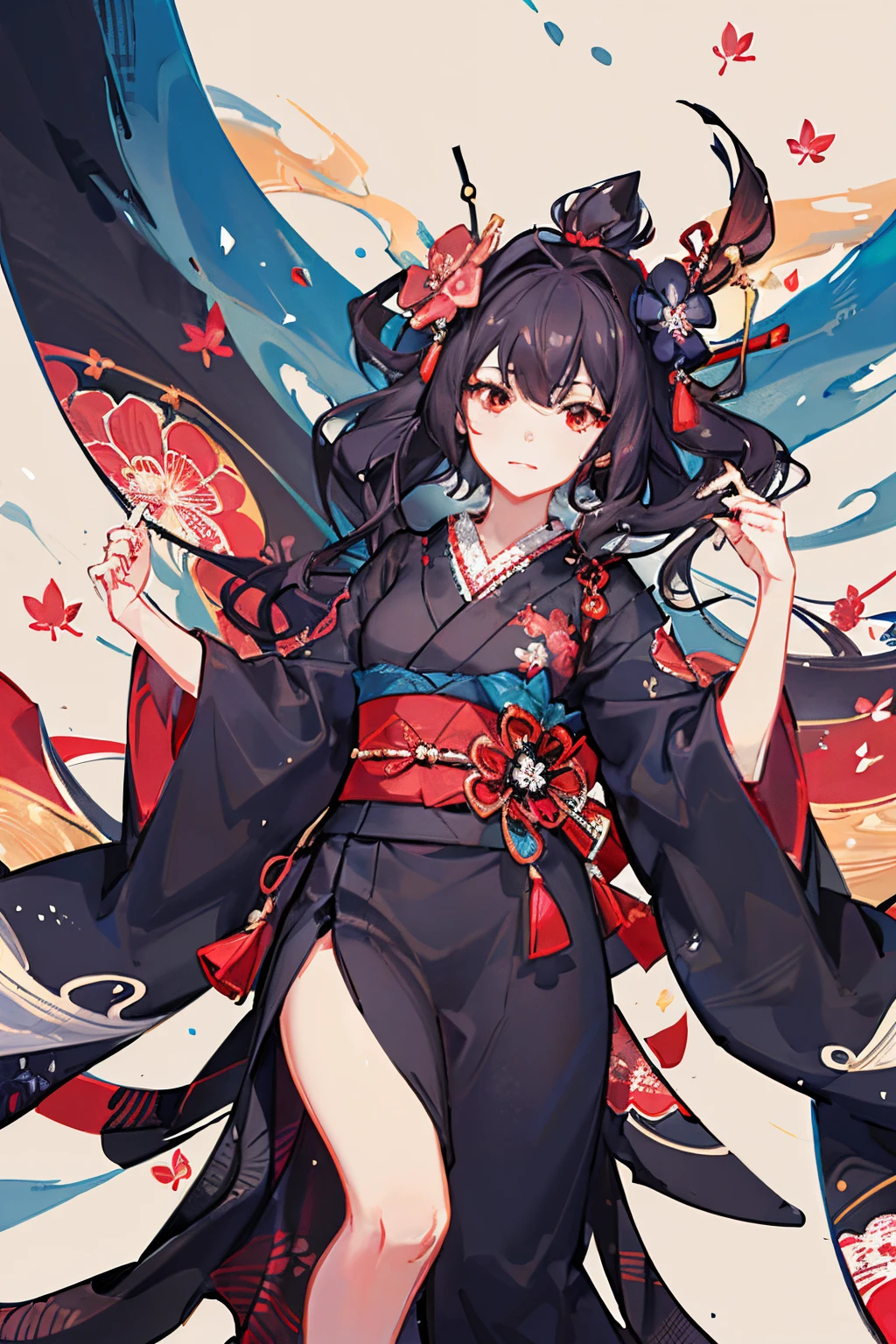 {{{Ukiyo-e_style}}},{{flat_style}},{simple_colors},{{{masterpiece}}},{katsushika_hokusai},long_hair,hair_flower,{{black_hair}},red_eyes,red_sky,{chinoiserie},{{{best_quality}}},kimono,{{ultra-detailed}},{illustration},Maple_leaves_flying,{{1girl}},{{{solo}}},{{an_extremely_delicate_and_beautiful}},blank_stare,close_to_viewer,{breeze},{Flying_splashes},{Flying_petals},wind,{Gorgeous and rich graphics}