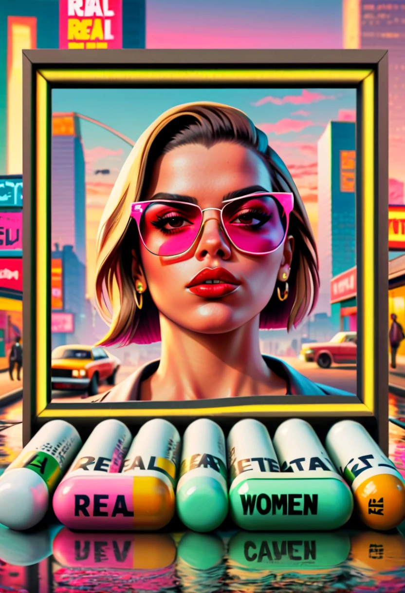 Capsuled, pillis, GTA style txt that says, " real women exist ", GTA faces inside a framed capsuled pills, framed, " real women exist " ..(best quality,4k,8k,highres,masterpiece:1.2),ultra-detailed,(realistic,photorealistic,photo-realistic:1.37),illustration,detailed GTA faces inside a framed capsuled pills, cityscape, GTA faces inside a framed capsuled pills, framed, vibrant colors,natural lighting,gritty textures,lively atmosphere,portraits,,late afternoon,contrast,highly detailed sign,street art, GTA faces inside a framed capsuled pills, empowering,confident,dynamic pose,red lipstick,cool sunglasses,street fashion,tattoos,graffiti wall,multiple layers of buildings,crowded streets,neon lights,GTA-inspired architecture,fast cars,racing,action-packed,adventurous,high-rise buildings,towering skyscrapers,bustling city life,traffic jam,reflection on wet pavement,nighttime ambiance.