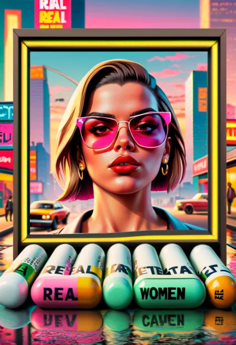 GTA faces inside a framed capsuled pills. Capsuled, pills, GTA style txt that says, " real women exist ", GTA faces inside a fra...