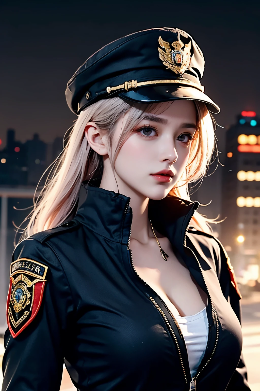 tmasterpiece，Best quality，A high resolution，8K，(Portrait)，((Head close-up：1.5))，(Original photo)，real photograph，digital photography，(A female officer who combines modern style with cyberpunk)，(Female officers)，20-year-old girl，Random hairstyles，Red eyes，(White and red gradient hair)，Serious and obsessed，Cleavage， accessories，Hats，Redlip，Keep your mouth shut，scowling，elegant and charming，Serious and arrogant，Calm and handsome，(A modern and cyberpunk uniform)，Combat uniformadges，Photo pose，Realisticstyle，Light magic，City background at night，oc render reflection texture