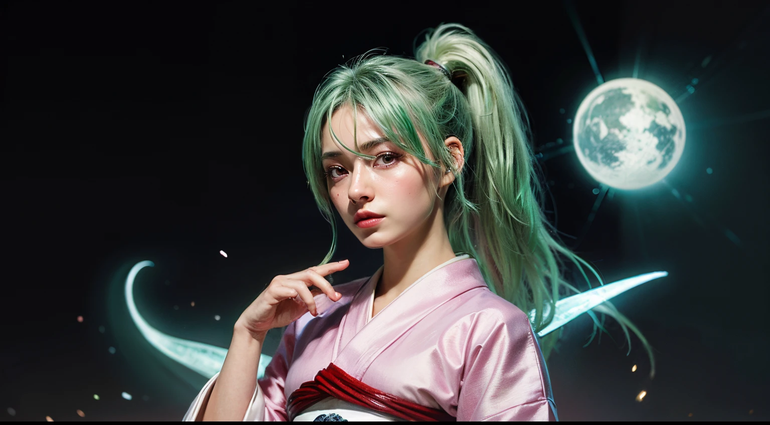 masterpiece, best quality,1girl,kneel,sleeves past wrists,japanese clothes,long clothes, colgs,kimono,grey background, (kbxll:0.6), green hair, looking at viewer, upper body, detailed face, detailed eyes, pink clothes