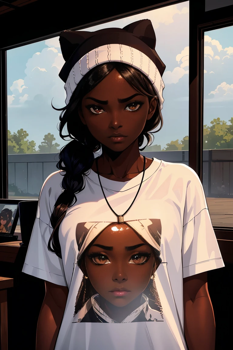 Dark skin ebony young woman in an oversized fuzzy fitted shirt, clear defined brown eyes, perfect wild cloud of black hair, sweet, deceptively shy, frown,