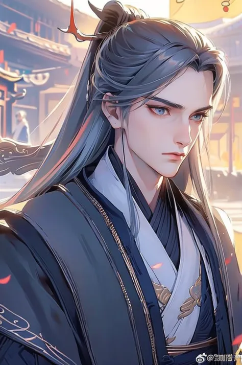 Summer palace，18-year-old young male，Long gray hair，high ponytail focus，（the only person,Upper part of the body，：1.2），Chinese co...