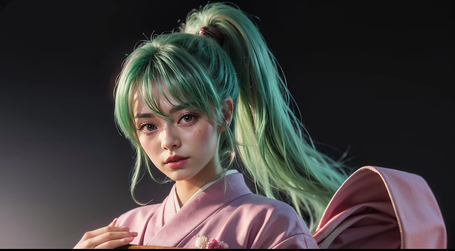 masterpiece, best quality,1girl,kneel,sleeves past wrists,japanese clothes,long clothes, colgs,kimono,grey background, (kbxll:0.6), green hair, looking at viewer, upper body, detailed face, detailed eyes, pink clothes