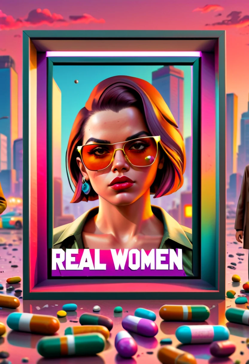 Capsuled, pillis, GTA style txt that says, " real women exist ", GTA faces inside a framed capsuled pills, framed, " real women exist " ..(best quality,4k,8k,highres,masterpiece:1.2),ultra-detailed,(realistic,photorealistic,photo-realistic:1.37),illustration,detailed GTA faces inside a framed capsuled pills, cityscape, GTA faces inside a framed capsuled pills, framed, vibrant colors,natural lighting,gritty textures,lively atmosphere,portraits,,late afternoon,contrast,highly detailed sign,street art, GTA faces inside a framed capsuled pills, empowering,confident,dynamic pose,red lipstick,cool sunglasses,street fashion,tattoos,graffiti wall,multiple layers of buildings,crowded streets,neon lights,GTA-inspired architecture,fast cars,racing,action-packed,adventurous,high-rise buildings,towering skyscrapers,bustling city life,traffic jam,reflection on wet pavement,nighttime ambiance.