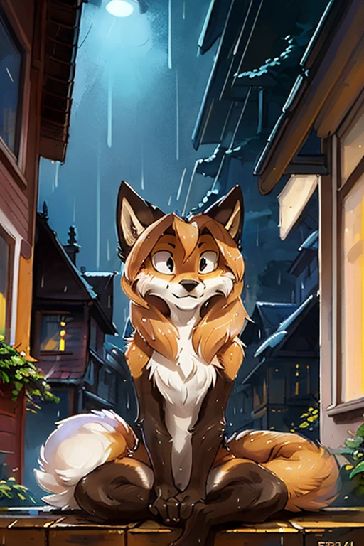 averi, fox girl, small chest, street, night , rain, raining, sexy, , detailed, uploaded to e621, beautiful and detailed portrait of a (((female))) anthropomorphic vixen, kenket, Ross Tran,ruan jia, uploaded to e621, zaush, foxovh, film lighting, nude, no clothes ((wet fur)), sitting, knees raised,  legs open, open vagina,  looking at the camera, front camera