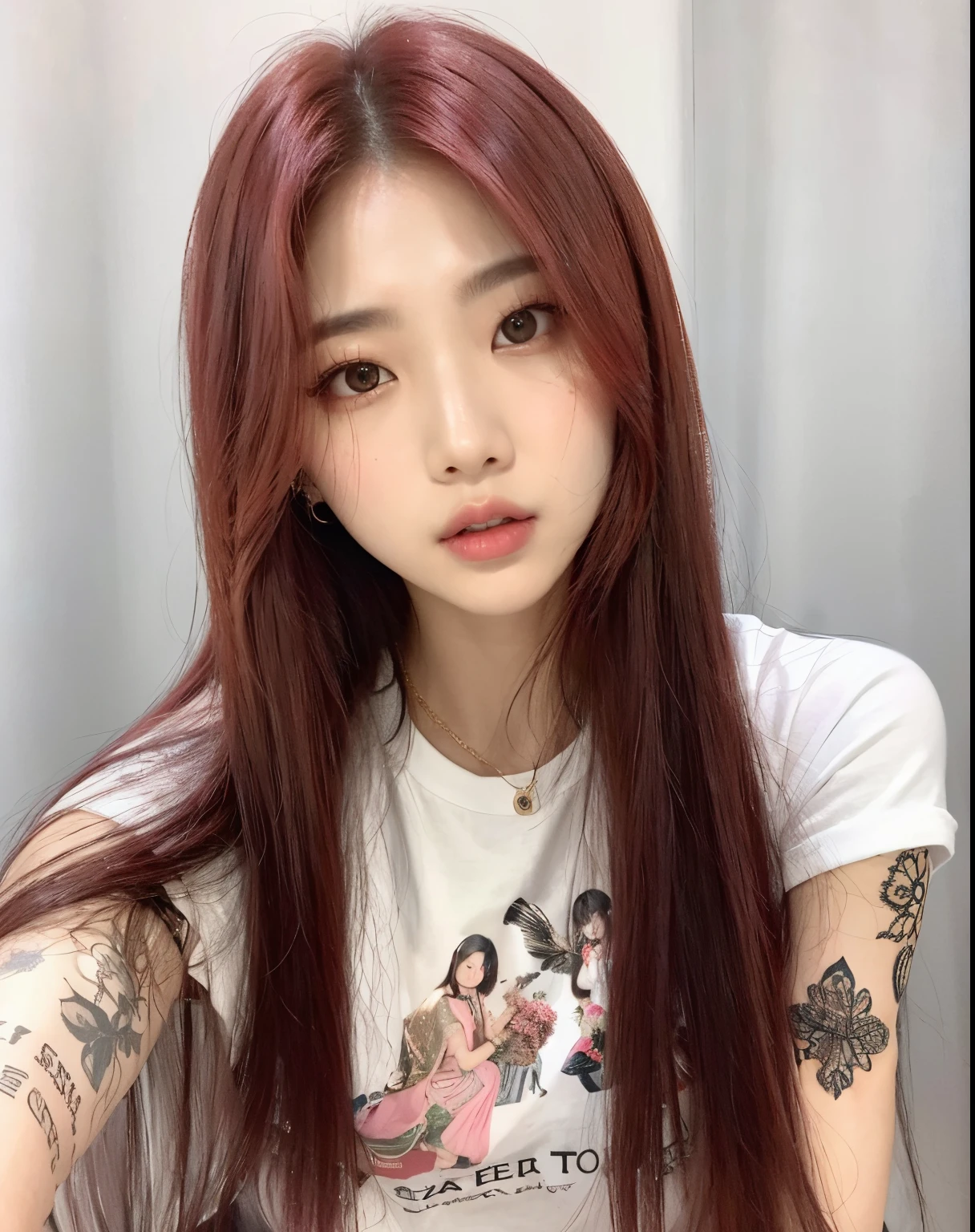 A woman with long red hair and tattoos posing for a picture - SeaArt AI