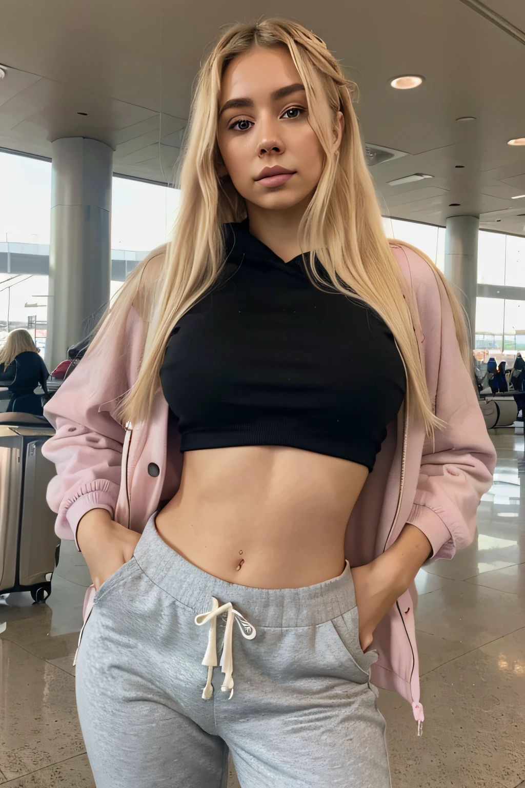 A woman in a black top and grey sweatpantss standing in an airport - SeaArt  AI