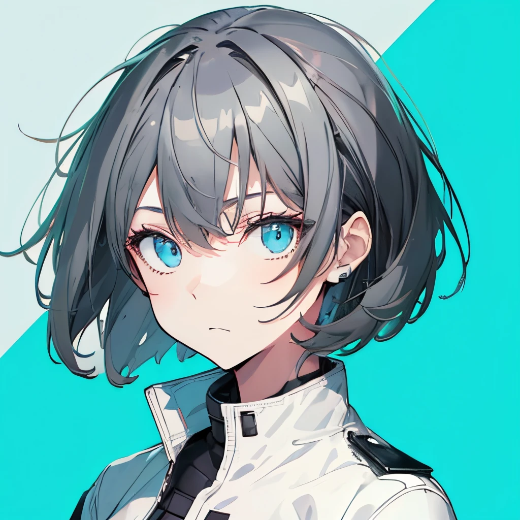 (masutepiece:1.2, Best Quality),  [girl, Manteau, expressioness, Turquoise eyes, front facing, jet-black hair,half short cut hair, Jacket comes off, Upper body] (Gray white background:1.7),