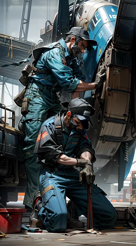 A group of maintenance workers wearing blue jumpsuits，repair airplane，Carefully maintain aircraft