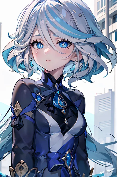 tmasterpiece, Best quality at best, 1个Giant Breast Girl, Forina, genshin impact, White hair, Blue hair, cute big breasts, Lacrimal pupils, sad, CRIT,  under the water, airbubble, Mare, fall into oblivion, Abandoned cities