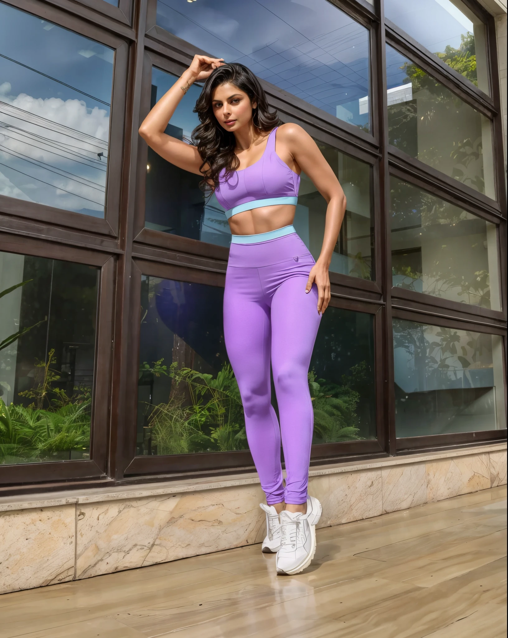 A woman in a purple sports bra top and purple leggings - SeaArt AI