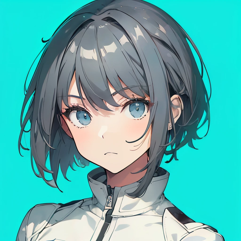(masutepiece:1.2, Best Quality),  [girl, Manteau, expressioness, Turquoise eyes, front facing, jet-black hair,half short cut hair, Jacket comes off, Upper body] (Gray white background:1.7),
