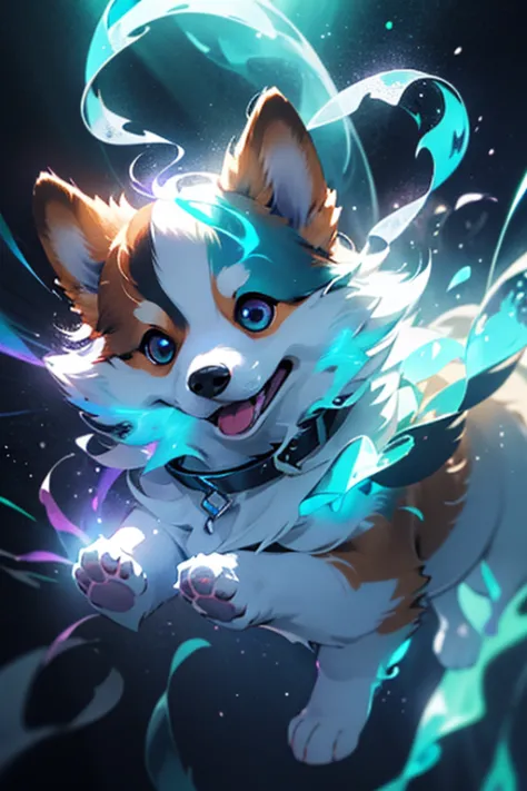 holographic, smokey, welsh corgi, phantasmal iridescent, inner glow, light particle, blue hair bioluminescent, holographic, corg...