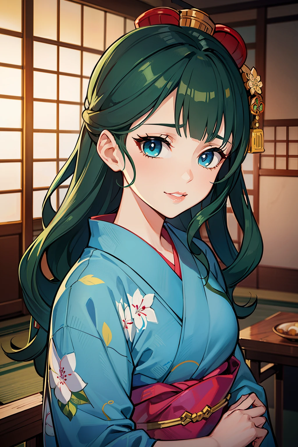 (high-quality, breathtaking),(expressive eyes, perfect face) (((yukata, sexy lips)), 1girl, female, solo, young adult, brown hair,  green streaks, blue coloured eyes, gentle smile, medium length hair, loose hair, side bangs, curley hair, japanese clothing, elegant, soft make up, hair pin accessory in hair, oiran, demon slayer art style