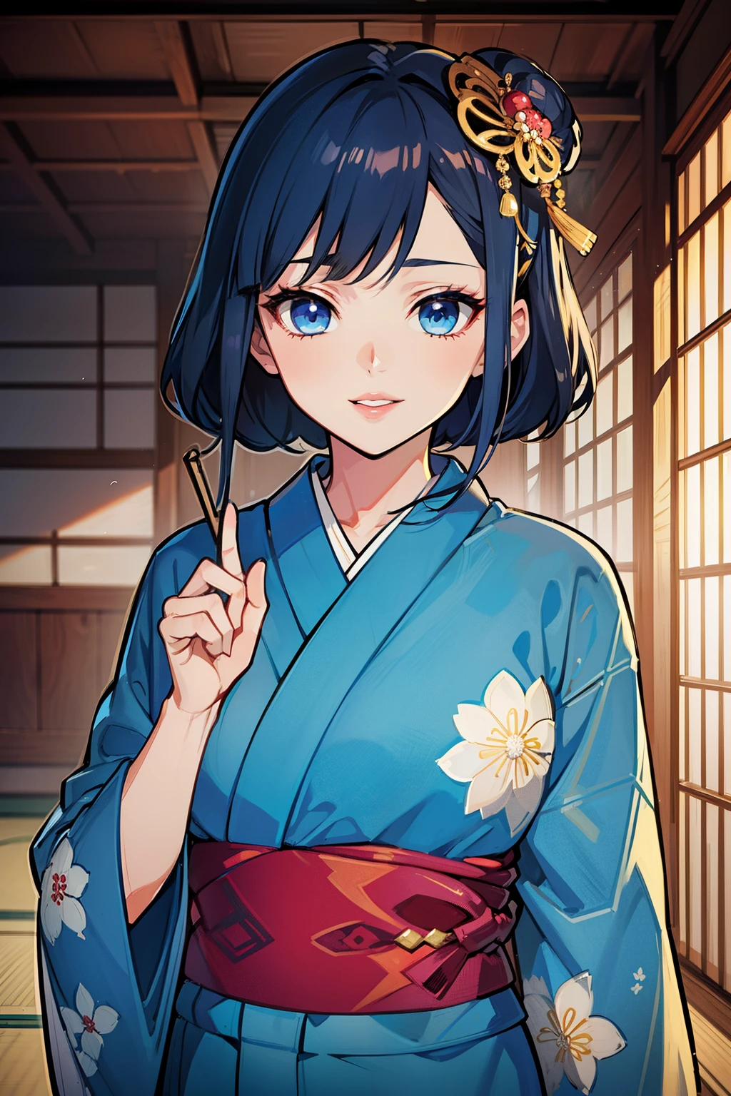 (high-quality, breathtaking),(expressive eyes, perfect face) (((yukata, sexy lips)), 1girl, female, solo, young adult, brown hair, blue streaks, blue coloured eyes, stylised hair, gentle smile, short length hair, loose hair, side bangs, curley hair, japanese clothing, elegant, soft make up, hair pin accessory in hair, oiran, demon slayer art style