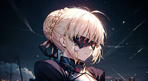 1girl, solo, alter, 8k, profile, letterboxed, ahoge, blonde hair, french braid, braid, hair bun, single hair bun, pale skin, visor, (mask), ((covered eyes)), Mask, corrupted mask, mask know alter, alter, dark, slit pupils, gorget, looking to the side, armo...