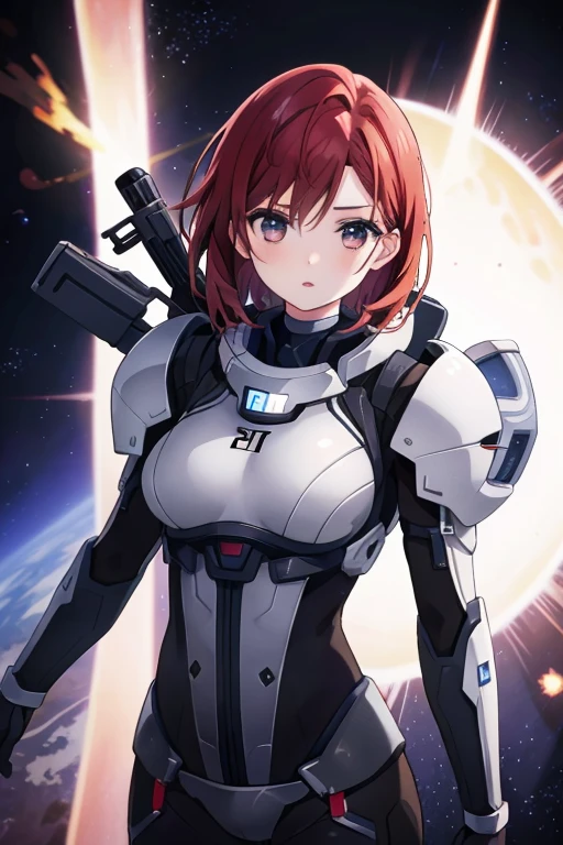 FemaleShepardME, 1girl, weapon, solo, realistic, gun, science fiction, red hair, space, rifle, makeup, lips, lipstick