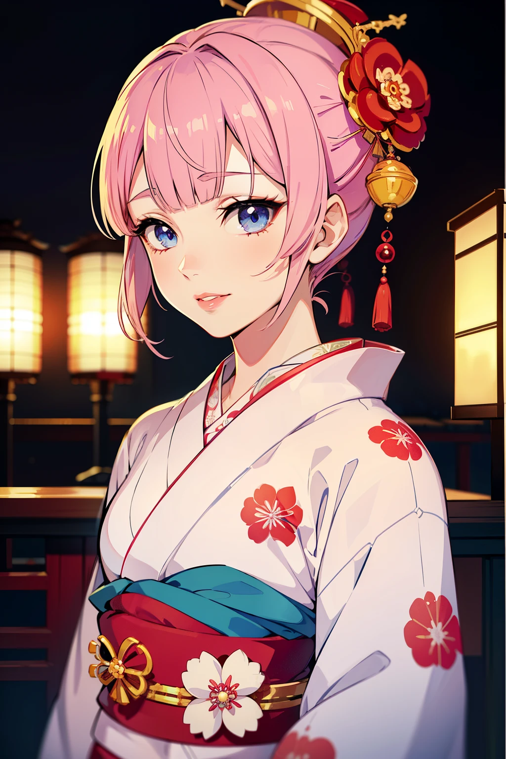 (Gute Qualität, atemberaubend),(ausdrucksstarke Augen, Perfektes Gesicht) (((Yukata, sexy Lippen)), 1 Mädchen, weiblich, Allein, junger Erwachsener, weiches, hellrosa Haar, blaue Augen, stilisiertes Haar, Sanftes Lächeln, kurzes Haar, offenes Haar, side bangs, lockiges Haar, Gefesselt, Japanische Kleidung, elegant, sanftes Make-up, Haarnadel-Accessoire im Haar, Oiran, Schöner Kimono, Kunststil von Demon Slayer