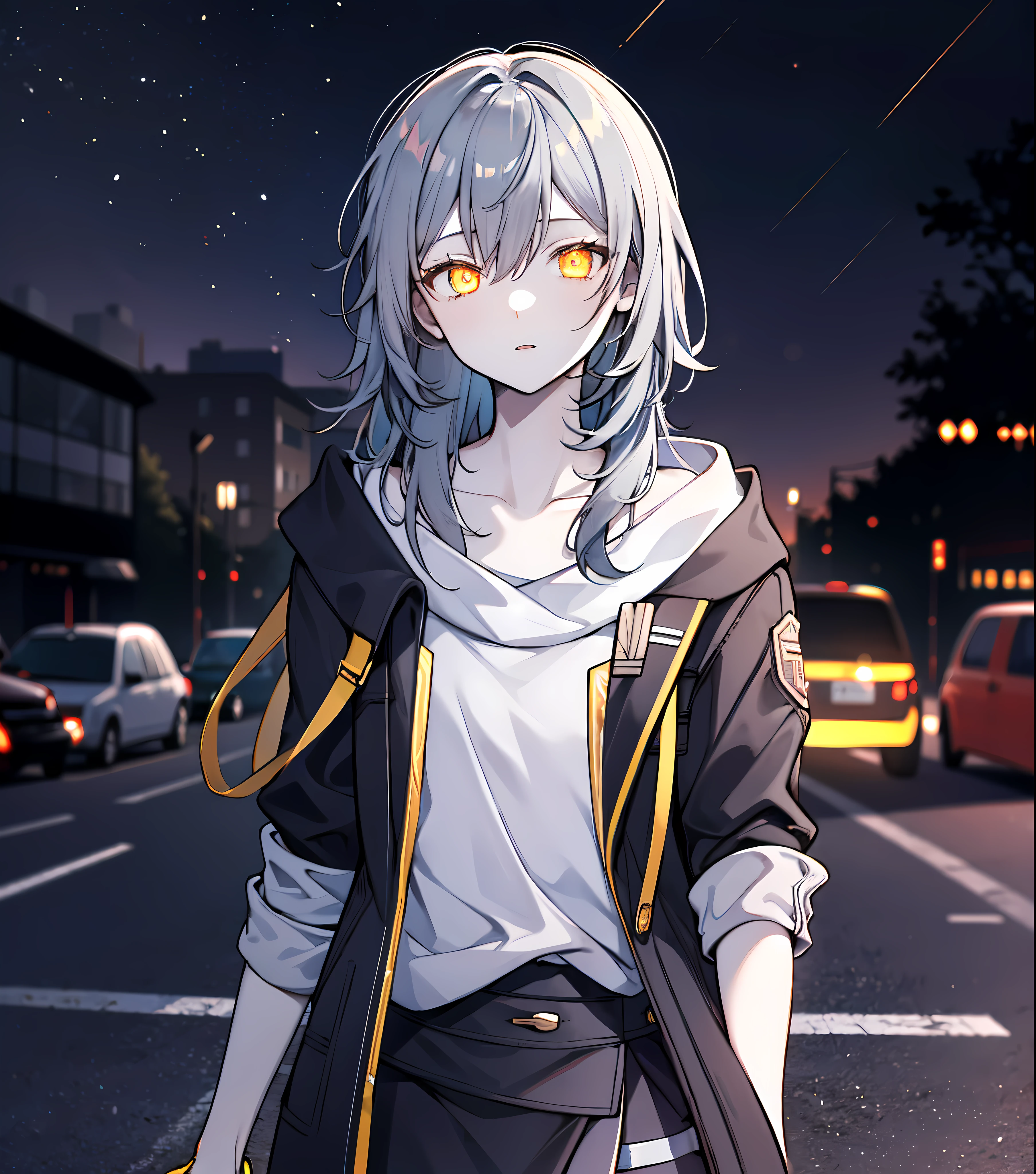 detailed, (masterpiece:1.2), (pale skin:1.2), (solo:1.2), (female), (emphasis lines:1.3), gray hair, (open_jacket), skirt, long_hair, collarbone, night, outdoors, yellow eyes, (glowing_eyes:1.3)