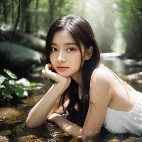 Beautiful face, Best Quality,ultra high natural light, Shiny skin,Detailed skin,Detailed face,Detailed eyes, Beautiful japanese girl, In the deep forest, (Fog:1.2), Sateen, puddle, myst, Water, downpour, Many trees