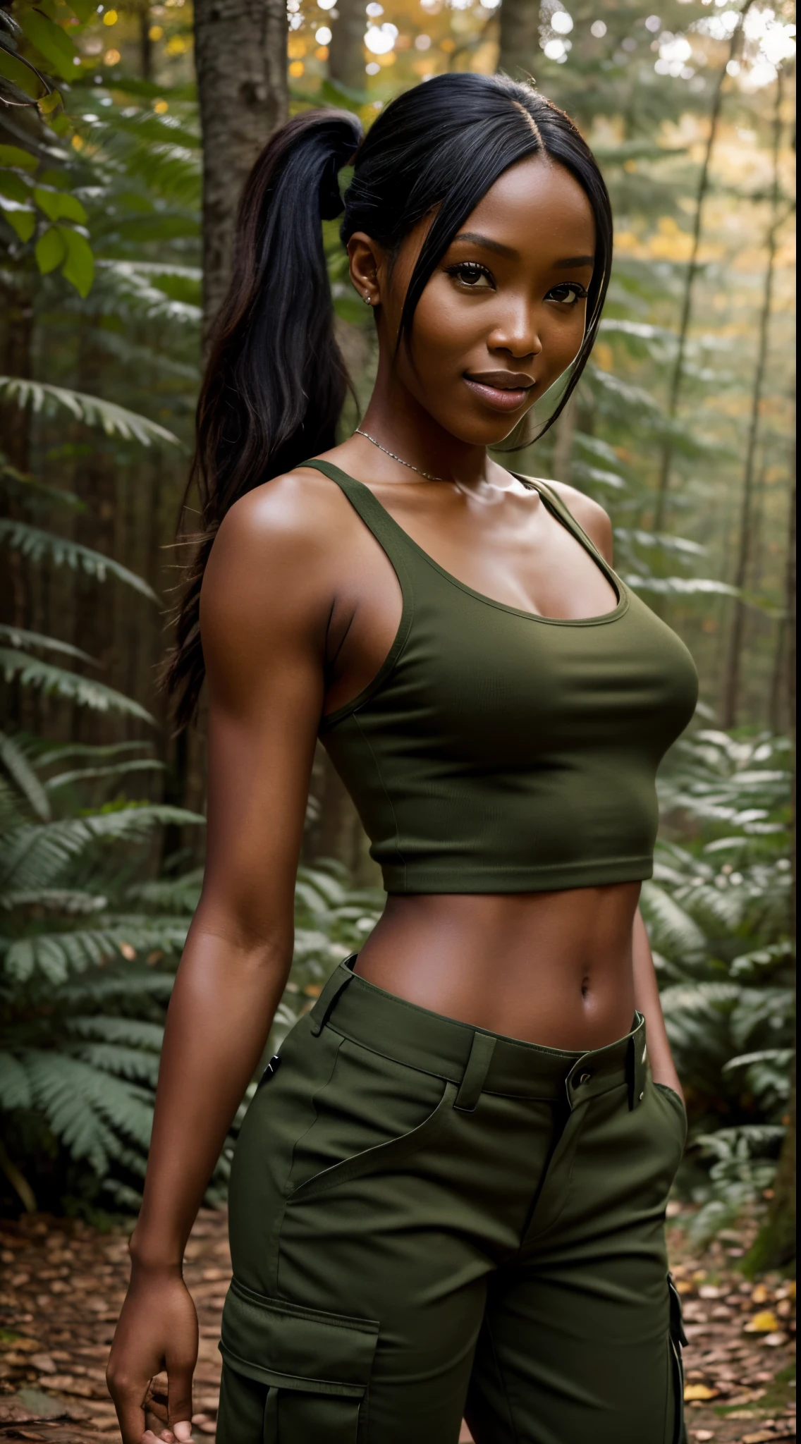 Foto hiperrealista en primer plano de Naomi Campbell, masterpiece, best quality, (photorealistic:1.4), full body, (army green tank top:1.1), (army green cargo pants:1.2), fall hiking in the forest, romantic sunset, fall colors,  cinematic light, beautiful woman, skinny, medium breasts, black long hair, hair in a ponytail, detailed face, smile, facing the camera, photo taken from a distance, age of 14 years old