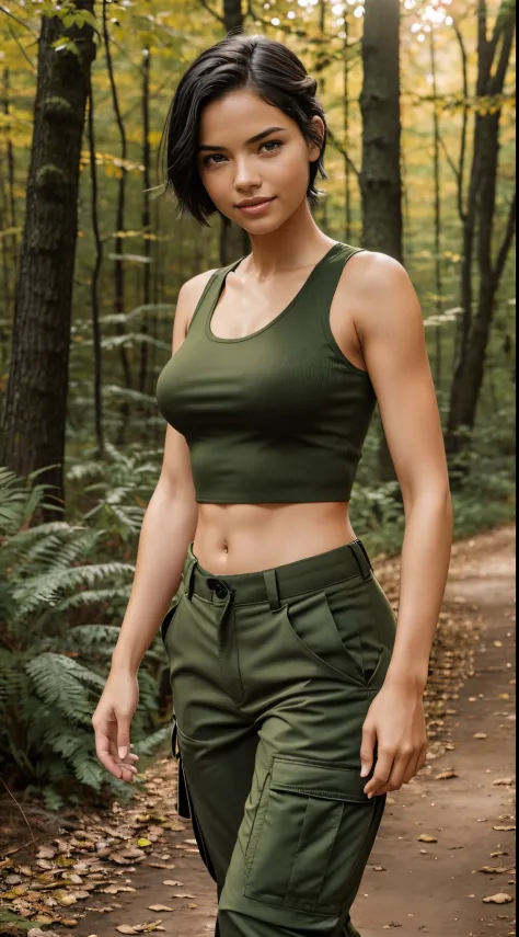 Foto hiperrealista en primer plano de Adriana Lima,, masterpiece, best quality, (photorealistic:1.4), full body, (army green tank top:1.1),  (army green cargo pants:1.2), fall hiking in the forest, romantic sunset, fall colors, cinematic light, beautiful w...
