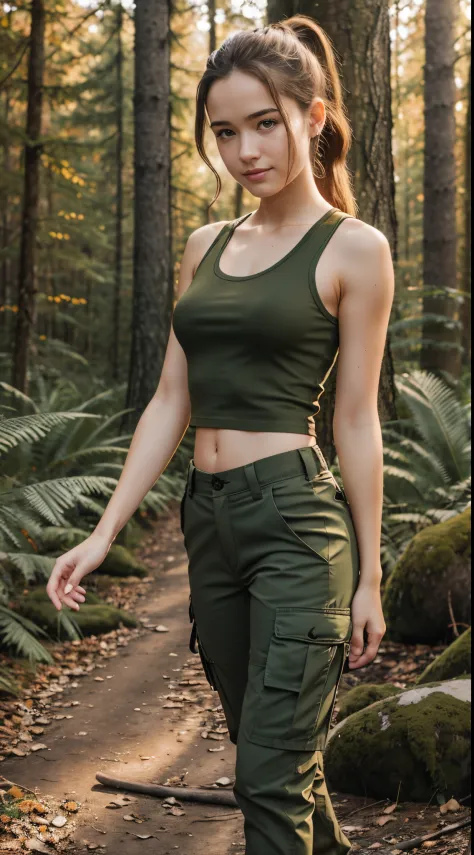 Foto hiperrealista en primer plano de Willa Fitzgerald, masterpiece, best quality, (photorealistic:1.4), full body, (army green tank top:1.1),  (army green cargo pants:1.2), fall hiking in the forest, romantic sunset, fall colors,  cinematic light, beautif...