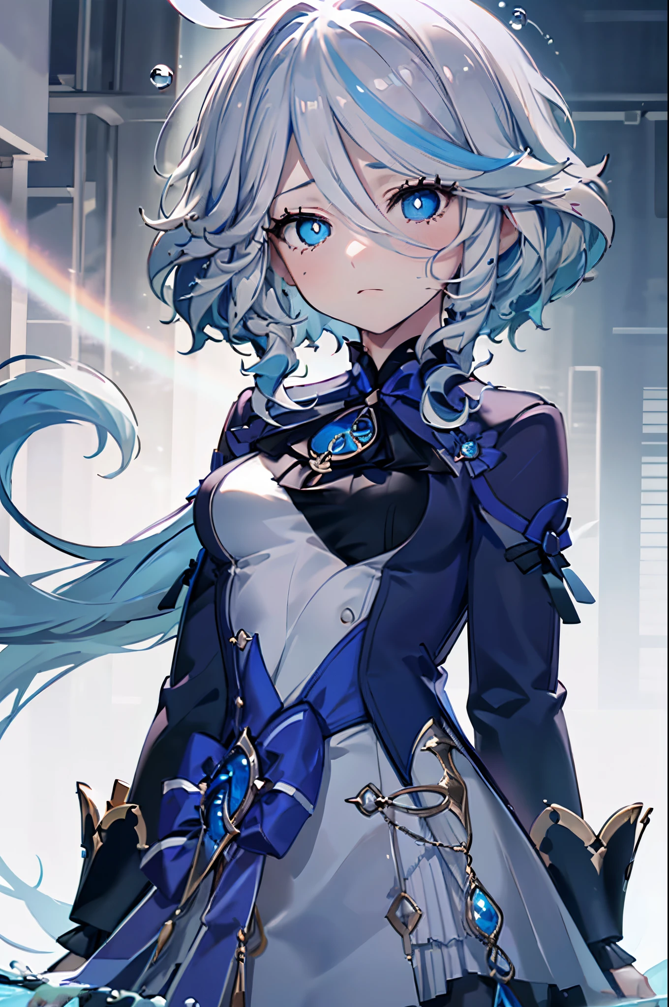 tmasterpiece, Best quality at best, 1个Giant Breast Girl, Forina, genshin impact, White hair, Blue hair, cute big breasts, Lacrimal pupils, sad, CRIT,  under the water, airbubble, Mare, fall into oblivion, Abandoned cities