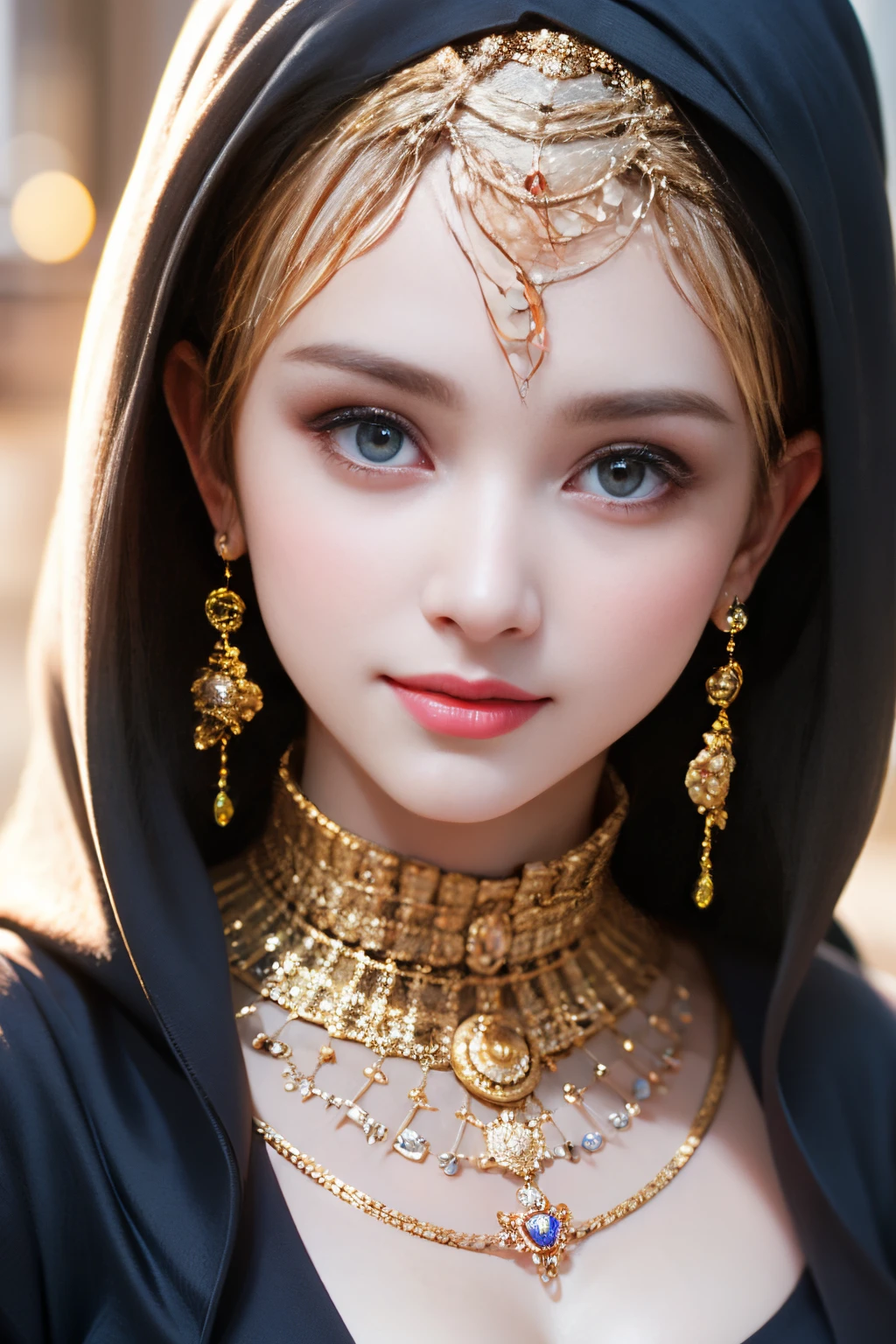 nsfw,Highest Quality, Highest image quality, RAW Photos, Realistic, Photorealsitic, ultra detailed and beautiful, highest details, 1young girls, good-looking, Beautiful fair skin and luster, Beautiful eyes are big and bright, Small mouth and thin lips, hijabi, Goodness of style and slenderneseautiful big breasts:1.3), She has a cheerful personality and a cute smile......, Natural makeup, Pearl Pin Cripantasy see-through costume with cute details and wide breasts:1.5), Cute  s, beautiful girl illuminated by seven colors of light, Irridescent color,