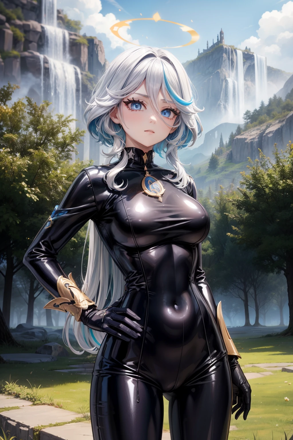 tmasterpiece, Best quality, Outdoor sports, venue, at a forest, grassy, the eye of the universe,Long gray hair,hair covering one eye,((Gradient hair)),Multicolored eyes, Gradient eyes， eyeslashes, , Latex concept, 1 sister, Alone, looking at viewert, upper part of body, plum, mitts，Hazen, fat, both hands on hip, tightsuit, skin tight, latex, Black Jumpsuit, blue jumpsuit, shinning clothes, Shiny, Cover the navel, Steaming,tmasterpiece, Best quality, 1 sister, Forina, genshin impact, White hair, Blue hair, Cute big breasts, tear pupil, sad, Critical hit rate, Under water, airbubble, bigger, falling into oblivion, Abandoned cities，long black gloves