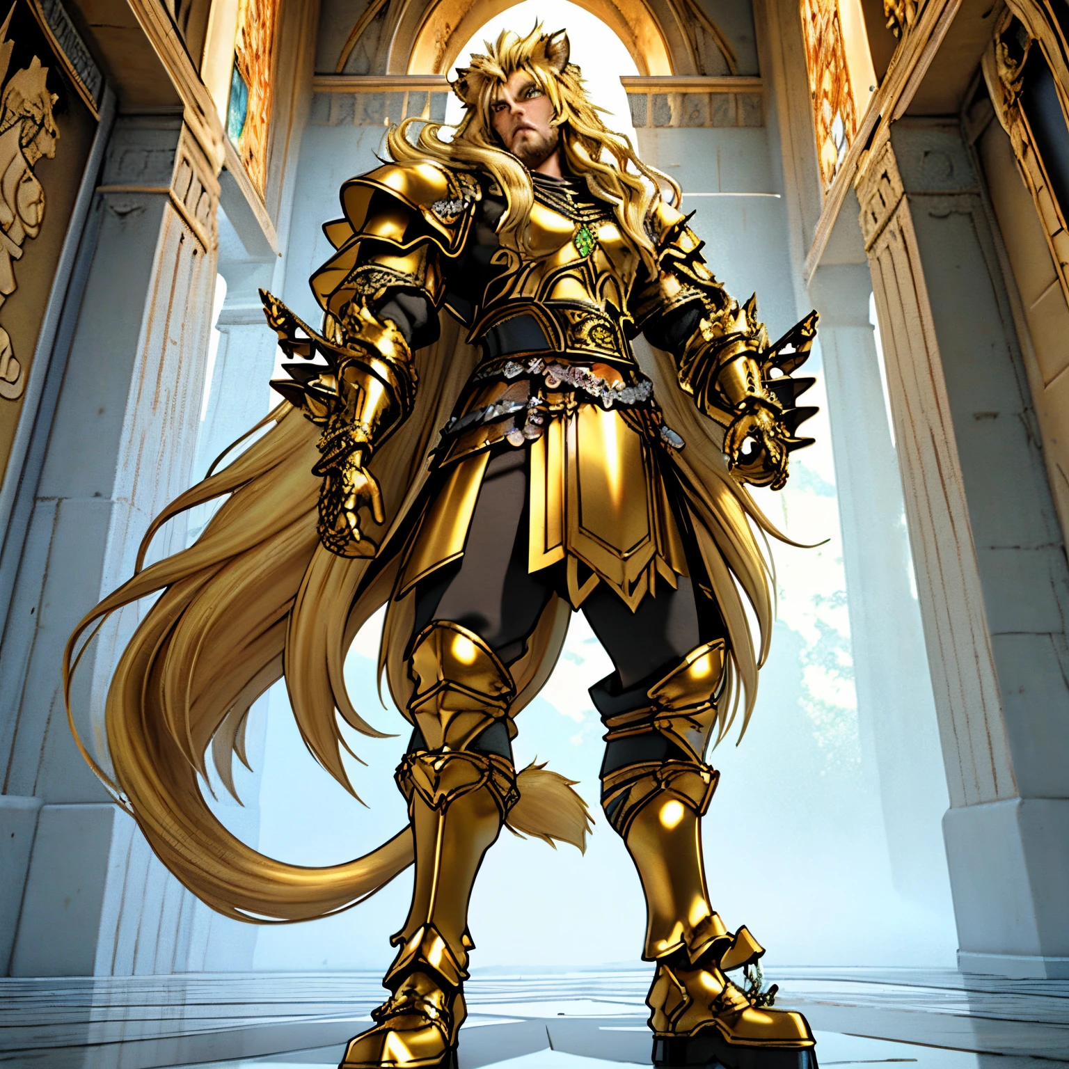 Fantasy armor, One male, lion ears, long hair, blond, blond hair, green eyes, tall, muscular, beautiful face, highest quality, masterpiece, 3d, anime, perfect face, highest detail, feline eyes, stubble, lion tail, wavy hair, full body shot, detailed face, intricate details, fantasy background, serious expression, solo, longsword