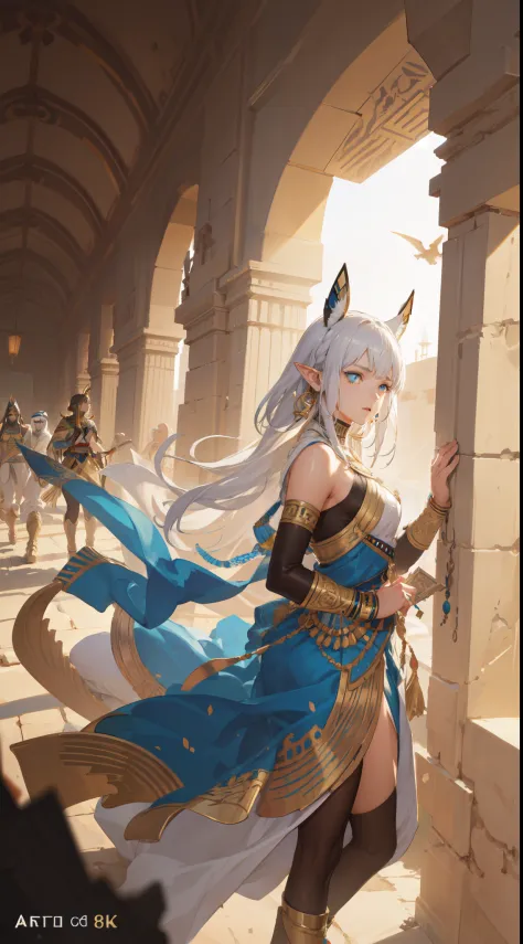 ((best quality, 8k, masterpiece :1.3)), young elf woman,  bangs, sidelock, braid, silver hair, blue eyes, egypt concept, egyptia...