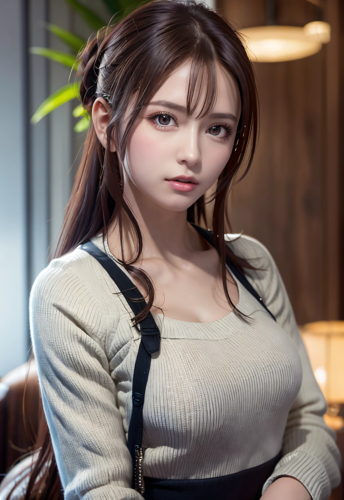 8K, of the highest quality, masutepiece:1.2), (Realistic, Photorealsitic:1.37), of the highest quality, masutepiece, Beautiful young woman, Pensive expression, Gentle eyes, Apron naked、Lovers、Hair tied back, Messy mood, Cinematic background,  Light skin tone