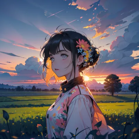 Girl in the field, (((Shot of a field of neon flowers, Portrait, Clouds, Sunrise