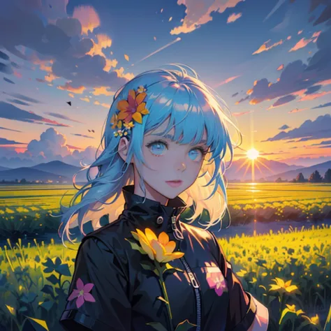 girl in the field, (((Neon flower field shot, Portrait, Clouds, Sunrise