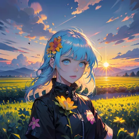 girl in the field, (((neon flower field shot, portrait, clouds, sunrise