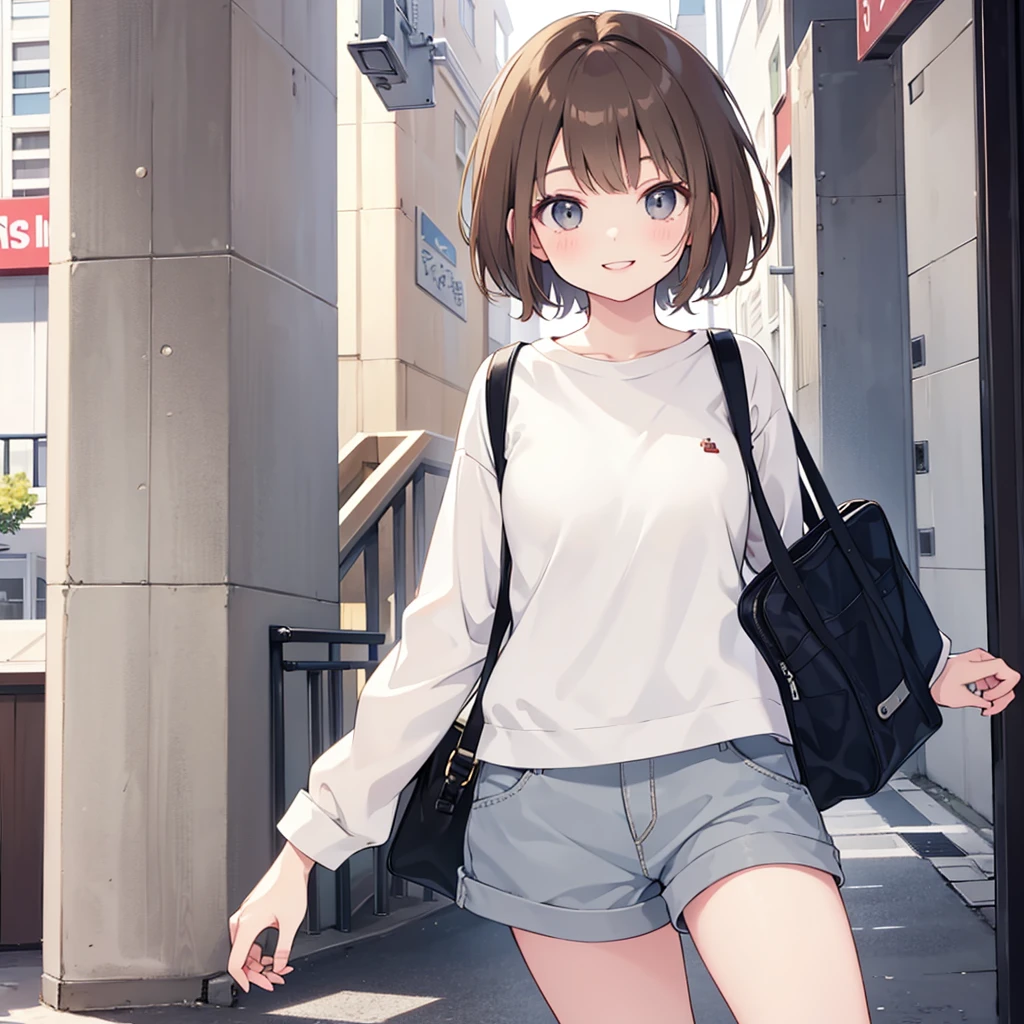 A cute brown haired girl, light skin, smiling, short hair, grey eyes, casual outfits, Advanced details, high quality, young girl, Anime style, solo