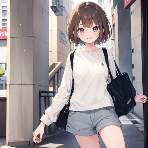 a cute brown haired girl, light skin, smiling, short hair, grey eyes, casual outfits, advanced details, high quality, young girl...