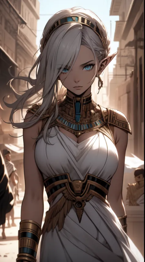 ((Best quality, 8k, Masterpiece :1.3)), young elf woman,  Bangs, sidelock, Braid, silver hair, bright eyes, egypt concept, Egypt...